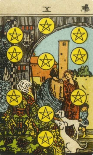 타로카드 중 펜타클 10 (TEN OF PENTACLES) 카드의 정방향